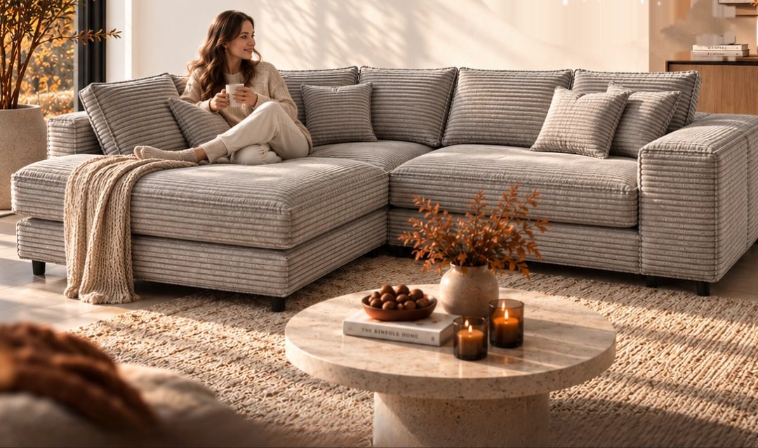 Graues Cord-Ecksofa im herbstlichen Wohnzimmer