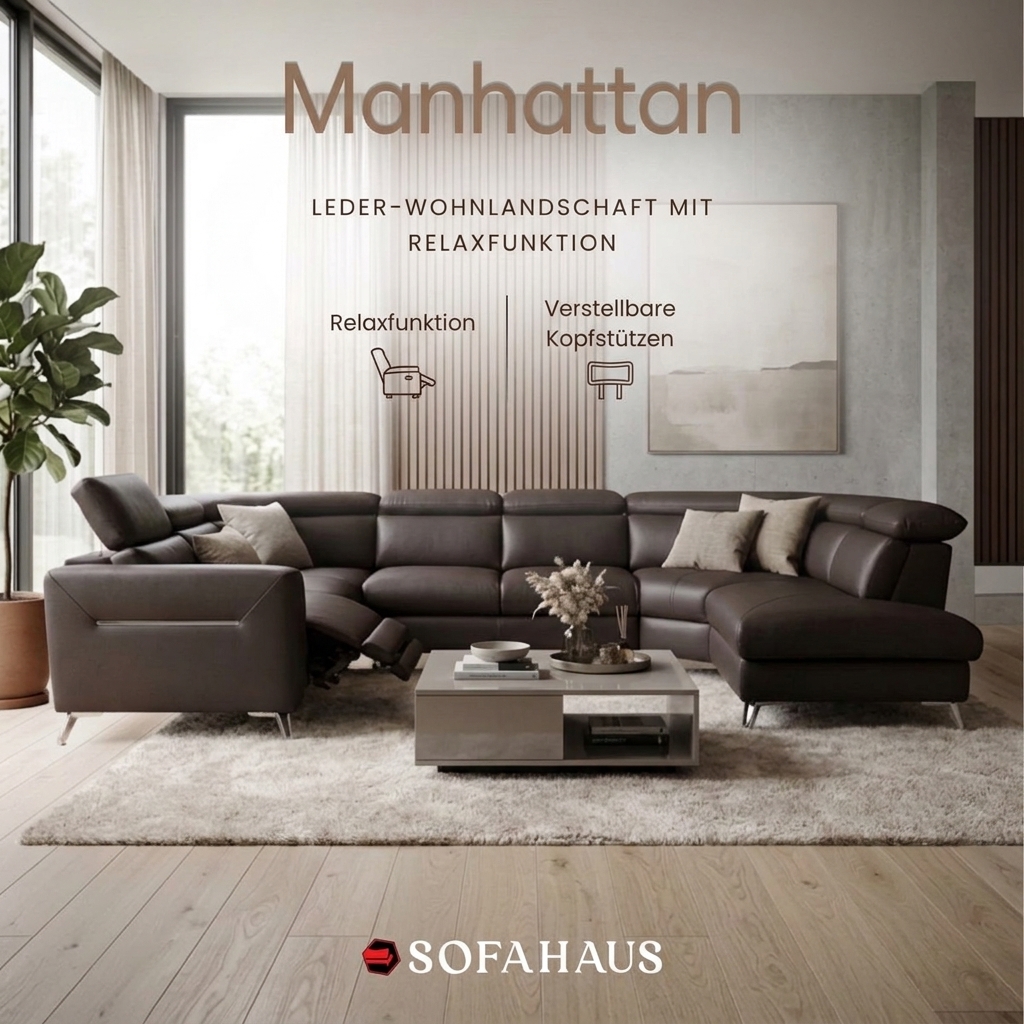 Sofa Manhattan, Leder-Wohnlandschaft mit Relaxfunktion
